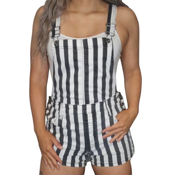 Striped Overall Romper Womens Medium Black White Beetlejuice Referee Conductor - Picture 1 of 16